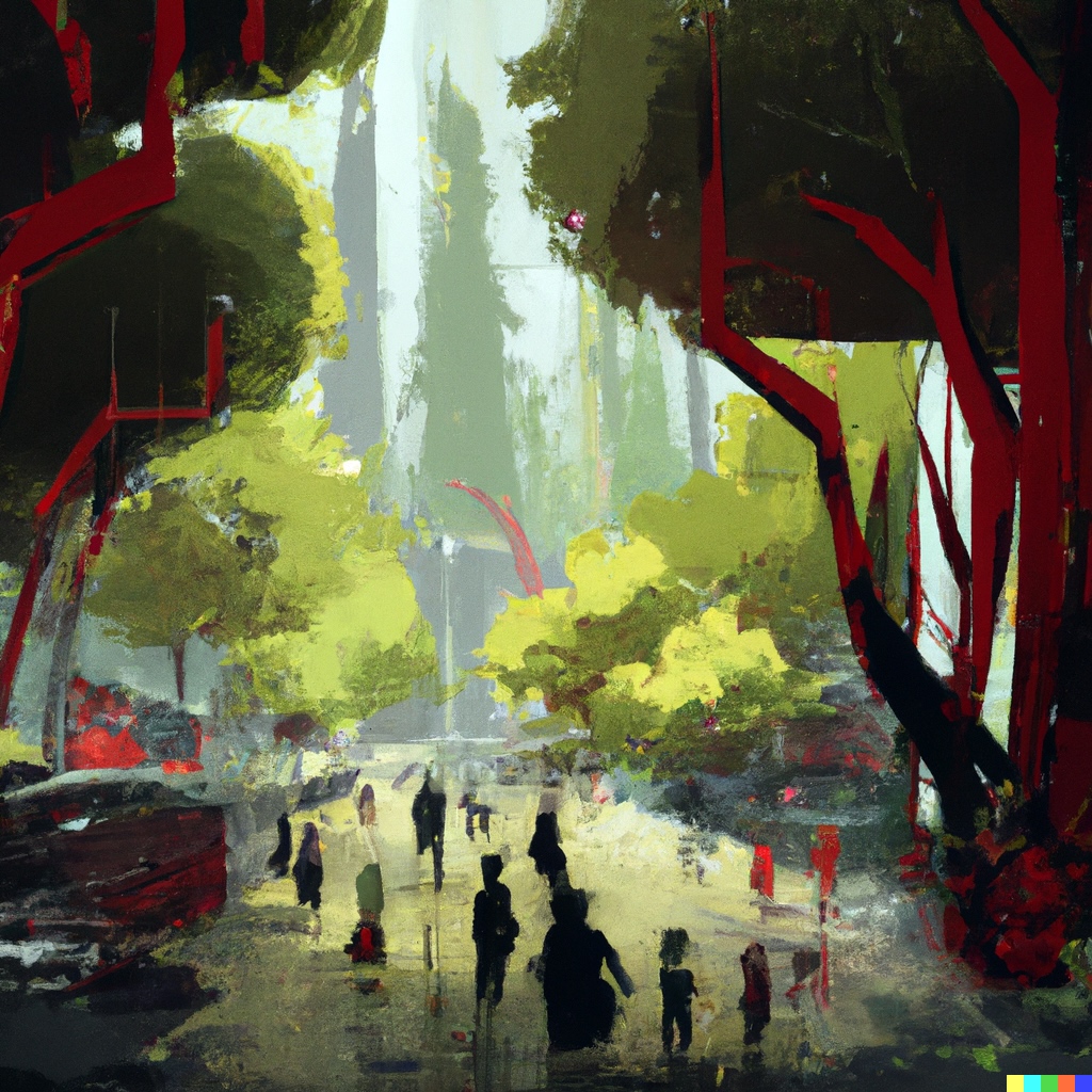 DALL·E-2023-10-27-04.05.07-UTOPIAN-FAR-AWAY-FUTURE-CITY-street-with-passengers-shops-and-a-PARK-surrounded-by-trees-DIGITAL-ILLUSTRATION